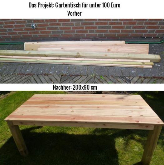Holz zum Bauen eines Gartentischs mit Vorher- Nachher Bild